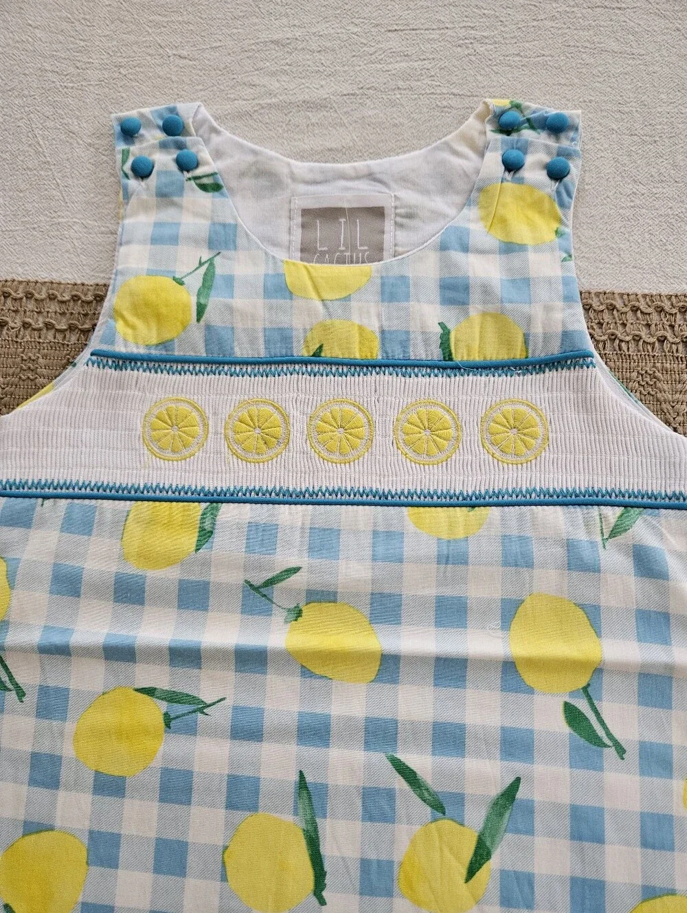 Lil Cactus Blue & White Gingham Lemon Smocked Jon Jon | Size 3T